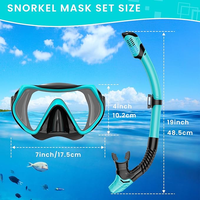 Snorkeling Gear for Adults, Adult Snorkel Mask Set Scuba Diving Dry-Top, Swimming Goggles w/Nose Cover, HD Tempered Glass Panoramic Anti-Leak Anti-Fog, Travel Snorkeling Packages Storage Bag, 2 Pack