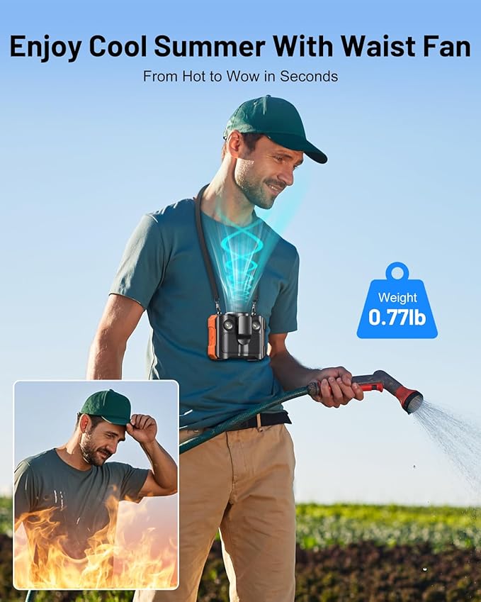 BLAVOR Portable Waist Fan, 5 Speeds Rechargeable Fan with Bluetooth Speaker & Flashlight, 40H Runtime, 16000RPM Strong Airflow, Personal Cool Clip Fans Under Shirt Belt for Outdoor, Work, Camping