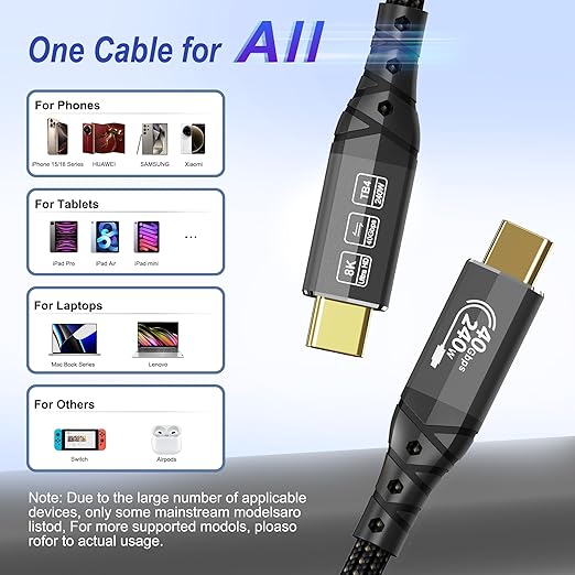 ZIKNYDO 8K/4K for Thunderbolt 4 Cable 10FT/3m, 40Gbps Data Transfer, 240W USB4 Cable, USB C Monitor Cable, for Thunderbolt 3, iPhone 16 Series, SSD, MacBook, eGPU, iPad, Displays, Laptops