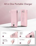 VEGER Portable Charger with Built-in AC Plug and Cables, All in One 10000mAh Ultra-Slim Power Bank, 15W Fast Charging for iPhone, Samsung, Android, Travel Essential (Crepe)