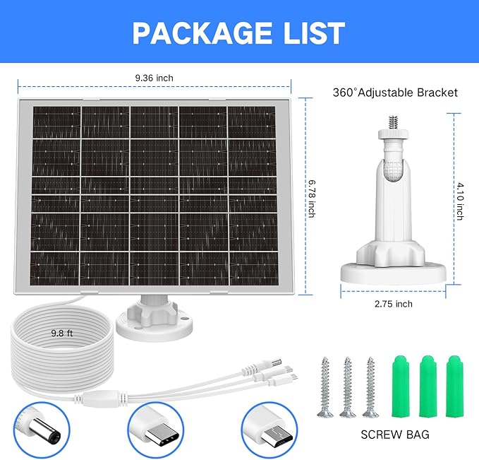 8W Solar Panel for Security Camera, Micro USB & USB-C & DC Ports High Conversion Rate Solar Panel for Built-in Rechargeable Battery Outdoor Cameras, Waterproof & Fast Charging & 360° Freely Adjustable