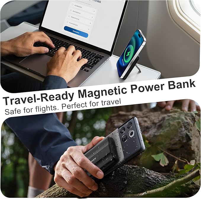 Azmuth Wireless Portable Charger with Stand, 10000mAh Magnetic Power Bank, 22.5W USB-C Fast Charging Battery Pack with Digital Display Compatible with iPhone 15/14/13/12 Series (Black), KT-D022