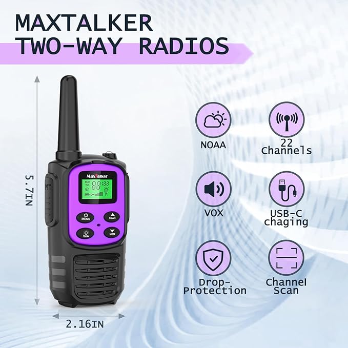 Walkie Talkies Long Range for Adult, MT10 Rechargeable Walkie Talkies FRS Two Way Radio, NOAA, 1200mAh Li-ion Battery USB-C Cable, LED Flashlight,VOX Walkie Talkie for Camping 2Pack (Purple)