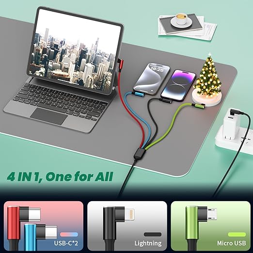 Travel Vacation Essentials USB C Multi Charging Cable, Right Angle 4 in 1 Charging Cable, Phone Charger Cords with IP/Type C/Type C/Micro Port, Compatible with Most Cell Phones and More（1Pack 5FT）