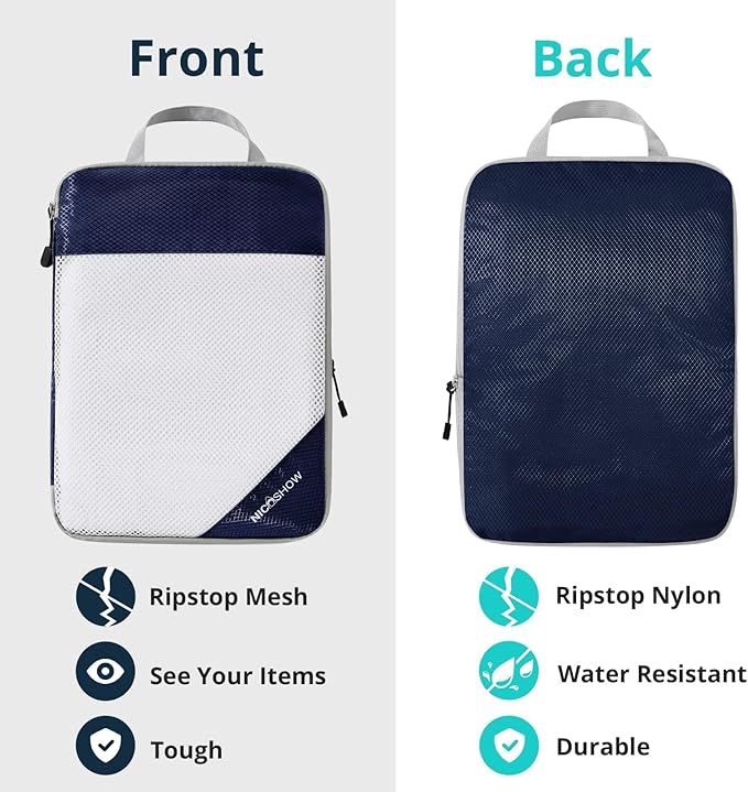 7 Set Compression Packing Cubes for Travel - Compressible, Lightweight, and Space-Saving Packing Cubes, Travel Essentials for Women, Navy