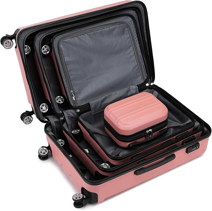 Kono 4 Piece Luggage Sets Expandable(only 28") Lightweight with Spinner Wheels TSA Lock Hardside Travel Rolling Suitcases 20in 24in 28in Carry on and 12in Mini Cosmetic Case Nude/Rose Pink