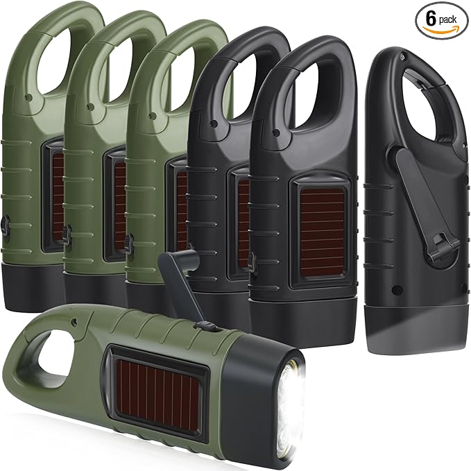 Mudder 6 Pcs Hand Crank Solar Powered Flashlights Emergency Rechargeable LED Handheld Flashlights for Survival Gear Outdoor Sports Camping Hiking Backpack Safety(Green,Black)