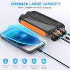 Solar Charger Power Bank, 38800mAh Portable Phone Charger with 1 Type-C & 2 USB-A Ports Built-in Dual LED Flashlight, 15W Fast Charging Waterproof Solar Panel Charger