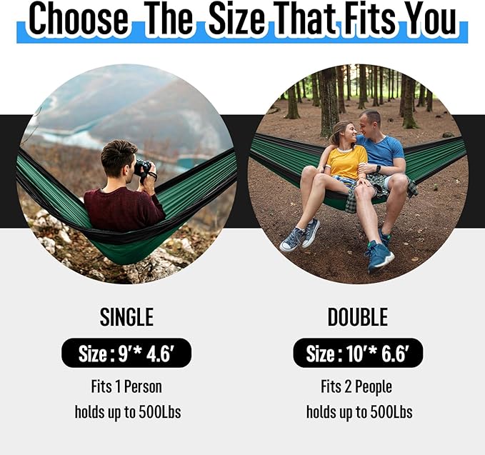 Grassman Camping Hammock Double & Single Portable Hammock with Tree Straps, Lightweight Nylon Parachute Hammocks Camping Accessories Gear for Indoor Outdoor Backpacking, Travel, Hiking, Beach