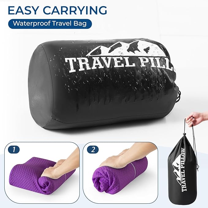 Travel Pillow Memory Foam Pillows, Ergonomic Wave Cervical Neck Pillow for Neck Pain Relief, Compressible Medium Firm Side Sleeper Pillow, Ideal for Camping, Office, Home & Bed (Purple, S)