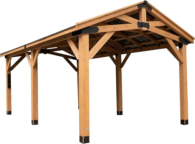 Backyard Discovery Norwood 20 ft. x 12 ft. All Cedar Wooden Carport Pavilion Gazebo with Hard Top Steel Roof Light Brown