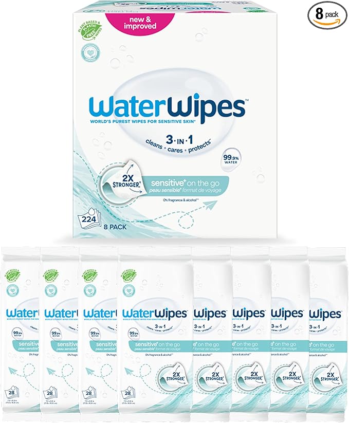 WaterWipes Sensitive+ On The Go Wipes, 3-In-1 Cleans, Cares, Protects, 99.9% Water, Unscented & Hypoallergenic Wet Wipes, 224 Count (8 Packs)