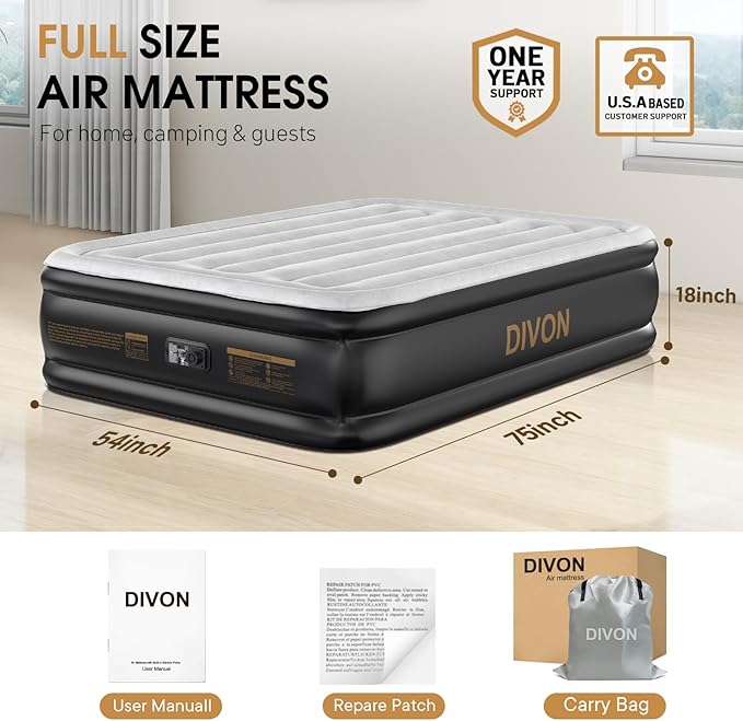 DIVON Air Mattress Full with Built in Pump,18’’High Blow Up Mattress Full with Wave Pattern,Self Inflation/Deflation Mattress in 3 Mins, Air Bed for Home&Camping,660lbs