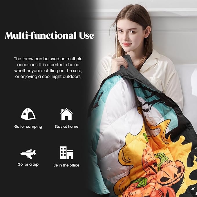 puredown® Soft Feather Down Throw Blanket Lightweight Packable Couch Throw for Indoor and Outdoor Use, 50"X70", Halloween Gothic Black