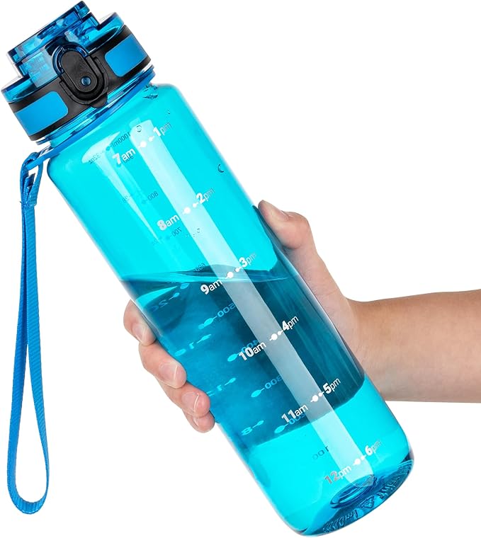 OLDLEY 32 oz Water Bottle, Motivational Water Bottle with Time Marker, Sports Water Bottle With Strap, Leakproof & BPA Free Large Water Bottles for School,Gym,Outdoor, Tritan, Transparent-Blue