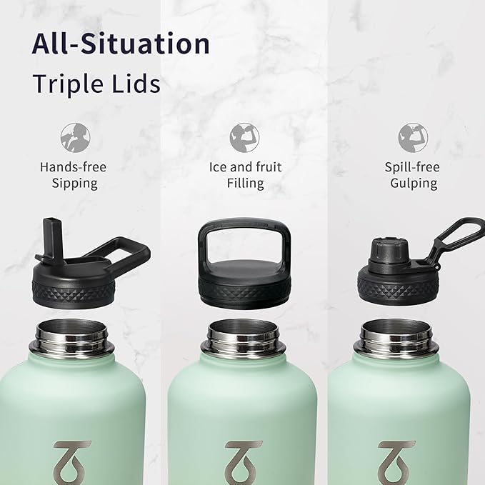 Trebo 64 oz Water Bottle Insulated with Paracord Handle and Straw, Half Gallon Vacuum Stainless Steel Large Water Jug Keep Cold 48 Hours, Reusable Water Flask with 3 Lids for Men Women Gym, Dark Green
