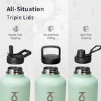 Trebo 64 oz Water Bottle Insulated with Paracord Handle and Straw, Half Gallon Vacuum Stainless Steel Large Water Jug Keep Cold 48 Hours, Reusable Water Flask with 3 Lids for Men Women Gym, Dark Green