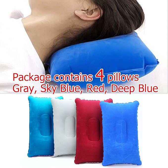 4Pack Ultralight A4 Size Inflatable Travel Pillow, Small Squared Flocked Fabric Air Pillow for Traveling, Holiday Trip, Hiking, Camping,Napping,Neck Lumbar Support(Gray,Sky Blue,Red,Deep Blue)