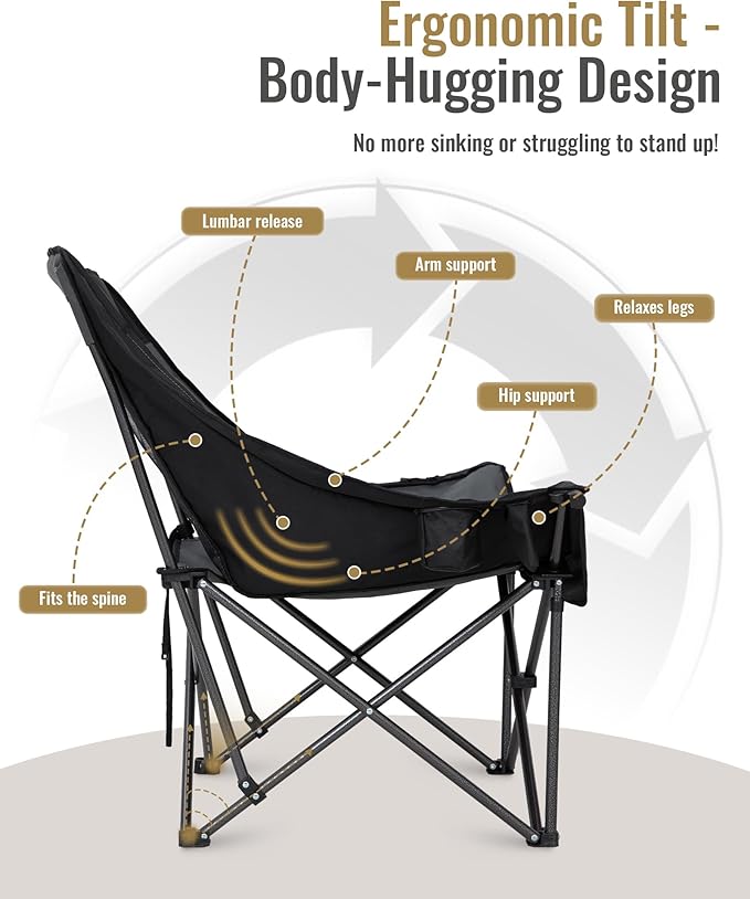 KingCamp Oversized XL Camping Chair, Heavy Duty 500lbs Folding Couch for Adults, Padded Large Comfortable Sofa Seat with Cooler Bag Cup Holder for Outdoor Sports Fishing Patio Lawn, Black/Grey