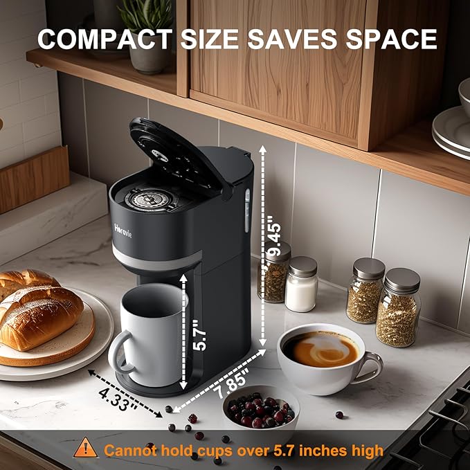 Small Single Serve Coffee Maker for K Cup and Grounds, Fast Brew One Cup Coffee Machine with 12 Oz Reservoir, Compact Size for Home Office RV and Travel, Black