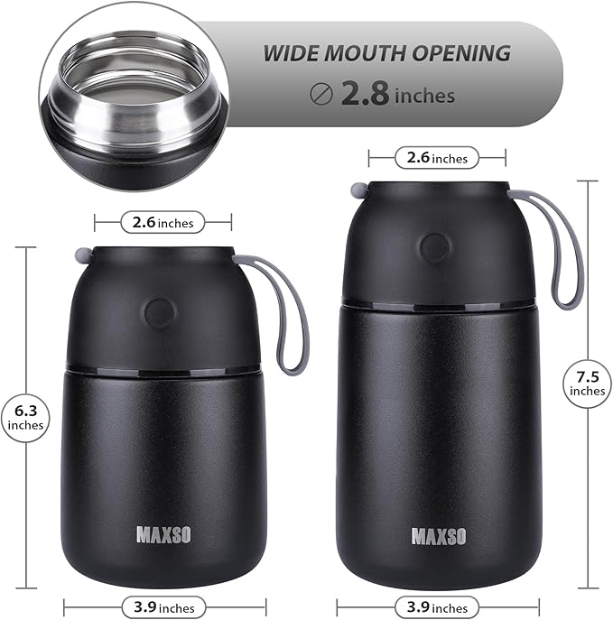 Insulated Thermo Food Jar for Hot & Cold Food for Kids Adult, 17&24 oz Soup Thermal Hot Food Containers for Lunch, Triple Layer Insulation Stainless Steel Food Jar with Spoon (2 Pack Black)