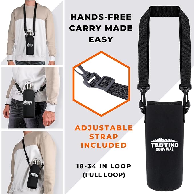 Tactiko Survival Stainless Steel Wide Mouth Water Bottle, Single Wall Boil-Safe, Leakproof, BPA-Free with Carry Sleeve and Strap for Camping, Hiking, Outdoor Prep (Black, 34 oz / 1000 ml)