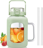 BLUEGO Water Bottle 64 oz Tumbler with Lid and Straw, Glass Water Bottle with Straw, Water Tumbler with Handle Half Gallon Water Jug Large Waterbottle for Daily Water Intake, BPA Free, Light Green