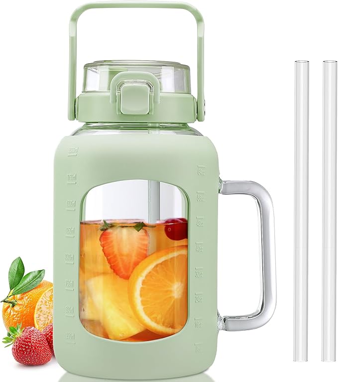 BLUEGO Water Bottle 64 oz Tumbler with Lid and Straw, Glass Water Bottle with Straw, Water Tumbler with Handle Half Gallon Water Jug Large Waterbottle for Daily Water Intake, BPA Free, Light Green