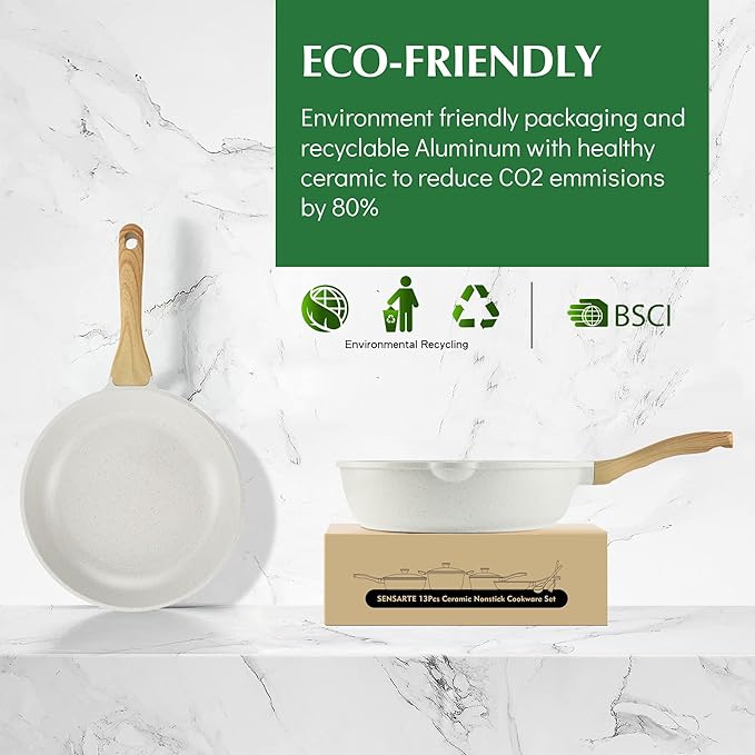 SENSARTE Nonstick Ceramic Cookware Set 23-Piece, Healthy Pots and Pans Set, Non-toxic Kitchen Cooking Set with Stay-Cool Handles, Silicone Utensils and Pot Protectors, PFAS & PFOA Free