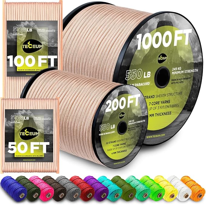 TECEUM 5/32" Paracord Rope 1000 – 1000ft / 200ft / 100ft / 50ft – Tactical Parachute Cord 4mm – 45+ Colors – Nylon String for Survival & Camping Gear – Stripe Cord for Survival – Utility Rope