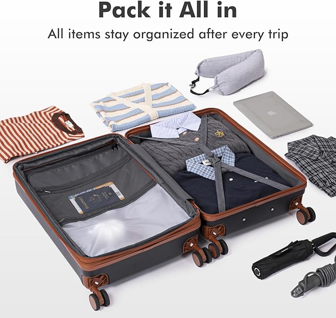 luggage sets 3 Piece with Spinner Wheel,100% PC Material Lightweight Durable,Expandable Carry On Travel Hardside Suitcase sets with TSA Lock for Men and Women (Black+brown)