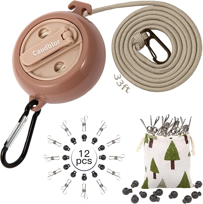 Portable Travel Clothesline Cord, Caudblor Adjustable 33ft Camping Clothes line, Laundry Drying Rope for Hotel Trip, Cruise, Outdoor/Indoor, with 12Pcs Stoppers, Windproof Clothespins