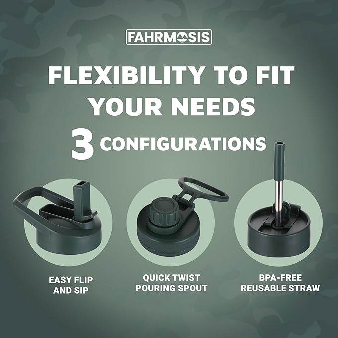 32 Oz Insulated Water Bottle with Strap Stainless Steel Sports Water Bottle with 3 Lids (Straw, Chug & Flip Lid) 1 Liter Leak Proof Insulated Metal Jug for Men & Women - Camo