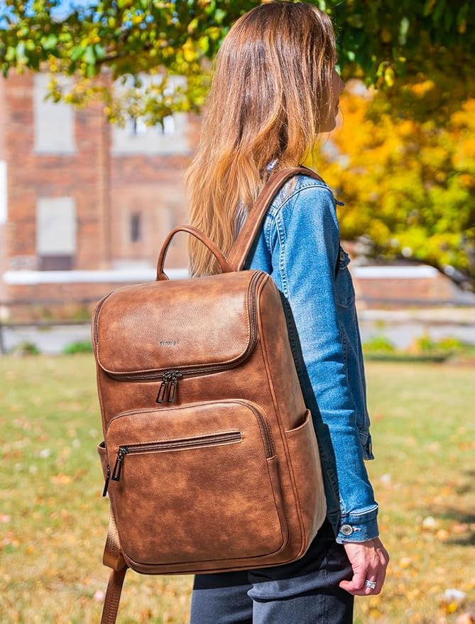 Leather Backpack for Women, Fits 17 Inch Laptop in Main Compartment, Dedicated 15.6 Inch Padded Sleeve, Large Vegan Leather Travel Computer Bag with Luggage Strap for Business and Work, Brown