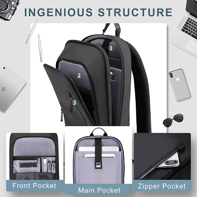 hk Backpack for Men Business Slim Backpack with USB Charger Computer Lightweight Anti-theft Travel Backpacks 17.3 inch Water Resistant Laptop Bag for Work Office College-Black