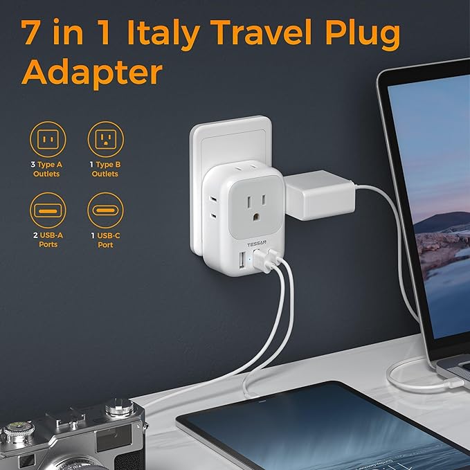 Italy Travel Plug Adapter 2 Pack, TESSAN Italy Power Adaptor with 4 Outlets 3 USB Charger (1 USB C Port), Type L Adapter for US to Chile Ethiopia Libya Syria Tunisia Uruguay