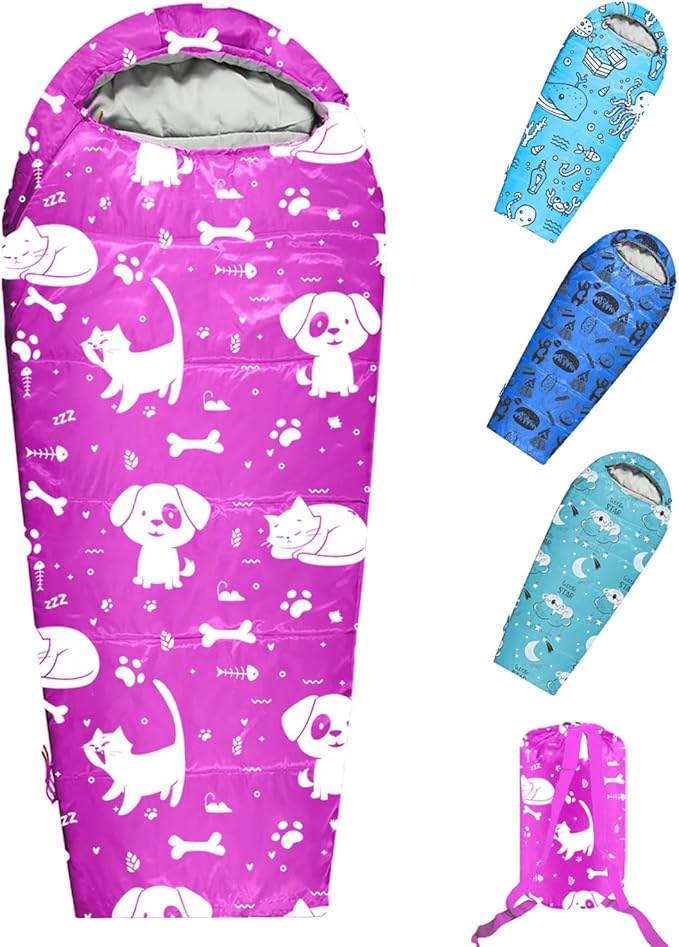 KidzAdventure Mummy Style 32 – 59F Kids Sleeping Bag with Pillow Sleeve, 4 Season, Lightweight and Backpacking Style, Ideal for Camping, Sleepover, Boys, Girls, Youth and Toddlers