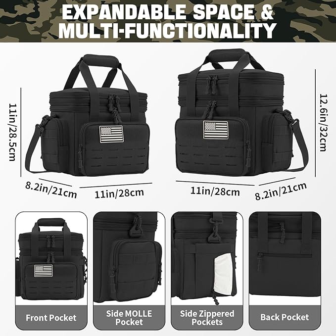 QT&QY Tactical Lunch Box for Men Expandable 18L Heavy Duty Military Insulated Cooler Bag, Leakproof Thermal Lunch Bag for Work Camping Outdoor Picnic Pail Adult Meal MOLLE Webbing Black