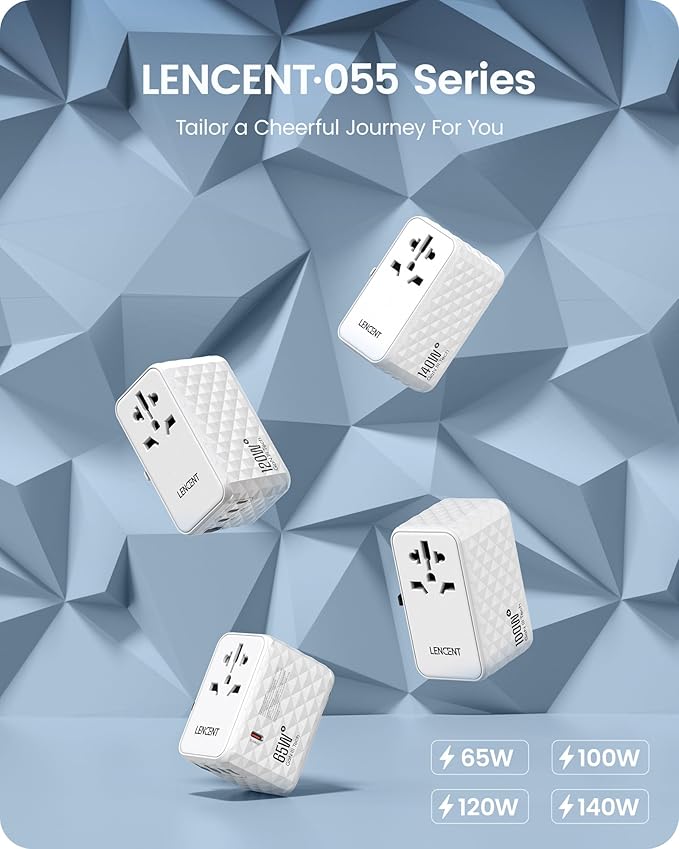 LENCENT 100W International Travel Adapter, Universal Travel Adapter with 2 QC USB-A & 2 PD3.0 Type C Power Adapter, Fast Charging for Phone,Laptops, All-in-One Outlet Adapter for USA/UK/EU/AUS, White