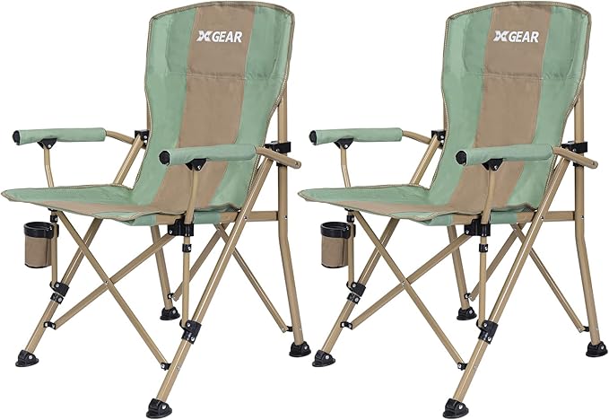 XGEAR Camping Chair Hard Arm High Back Lawn Chair Heavy Duty with Cup Holder, for Camp, Fishing, Hiking, Outdoor, Carry Bag Included