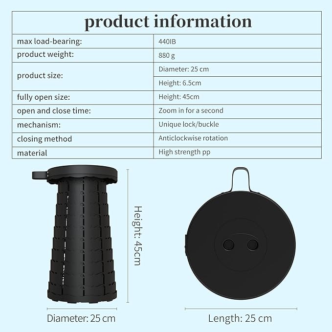 ALEVMOOM Upgraded Collapsible Stool with Cushion,440LBS Max Weight,17.7" Height Adjustable,Sturdy Portable Telescoping Stool,Folding Camping Stool for Outdoor Hiking Travel