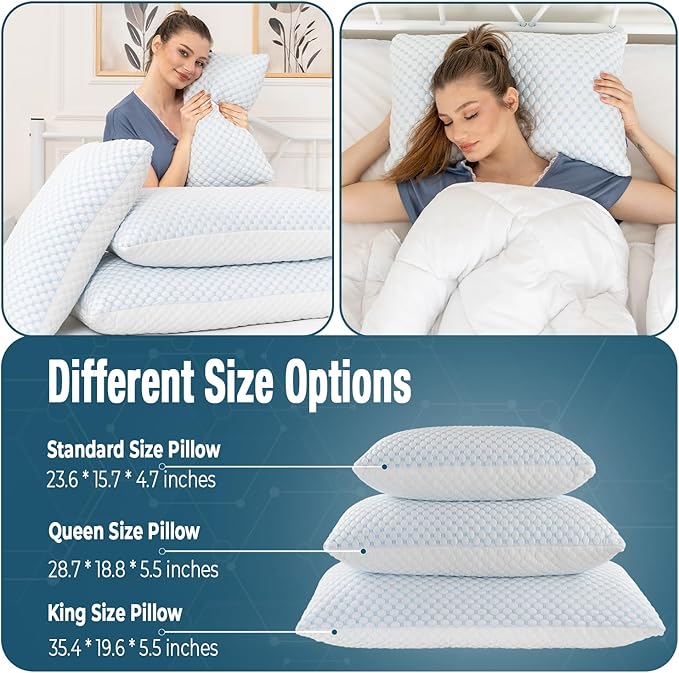 alkamto Cooling Shredded Memory Foam Pillow – Adjustable Gel for Personalized Support – Double-Sided Ice Silk & Soft Rayon – Lightweight, Compressible (White) (Standard)