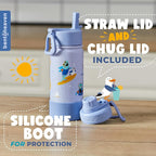 Bentoheaven Kids Water Bottle Stainless Steel for Boys & Girls, 2 Lids (Chug & Straw), Handle & Silicone Boot, Reusable Metal Leak-proof Insulated Tumbler, School & Sports 17oz (Blue)