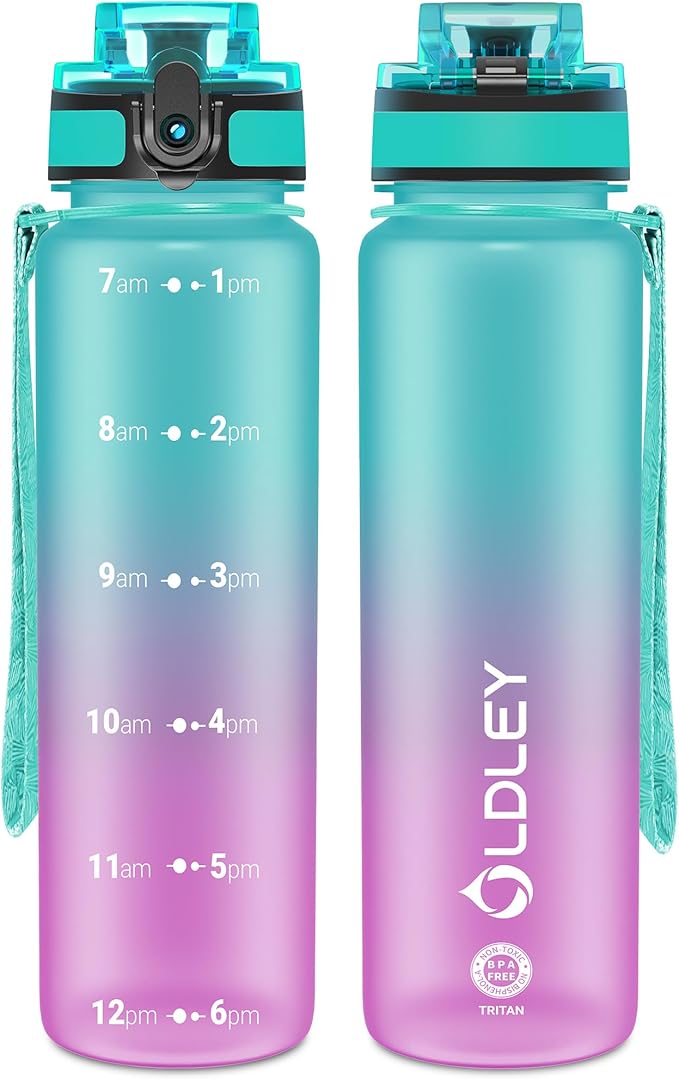 OLDLEY 32 oz Water Bottle, Motivational Water Bottle with Time Marker, Sports Water Bottle With Strap, Leakproof & BPA Free Large Water Bottles for School, Gym, Travel,Tritan,Green&Purple