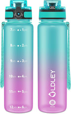 OLDLEY 32 oz Water Bottle, Motivational Water Bottle with Time Marker, Sports Water Bottle With Strap, Leakproof & BPA Free Large Water Bottles for School, Gym, Travel,Tritan,Green&Purple