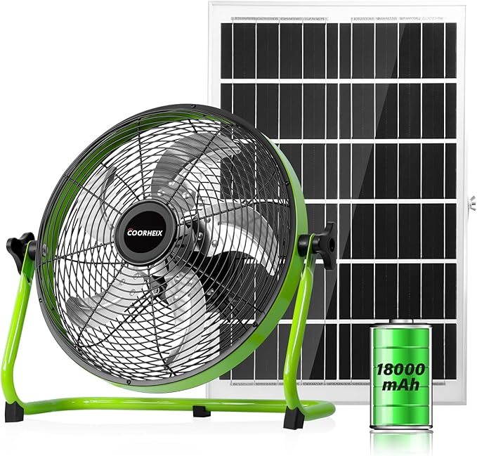 12'' Solar Powered Floor Fan Rechargeble,18000mAh Battery Operated Fan 5-Blade Solar Portable Outdoor Fan 360° Tilt for Outside, Greenhouse, Camping, Shed