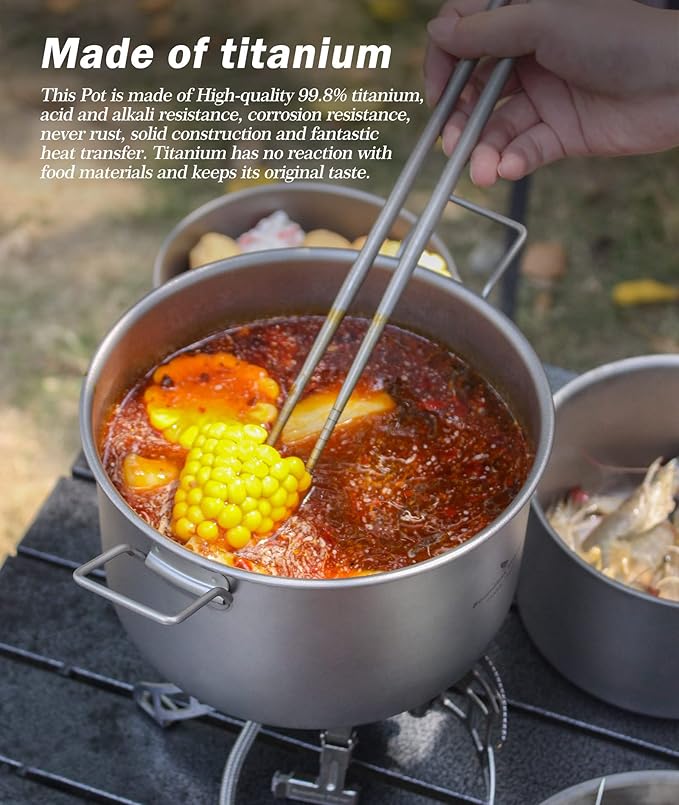 iBasingo 2.4L Titanium Soup Pot with Lid Camping Cookware with Foldable Handle Portable Lightweight Outdoor Kitchen Cooking Kit for Backpacking Hiking Picnic Fishing Mountaineering Ti2108C