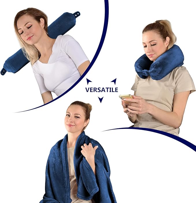 Multifunctional Neck Pillow, Soft Warm Blanket with Cozy Neck Pillow Case, Portable Blanket Set for Airplane, Camping, Car (Navy Blue)