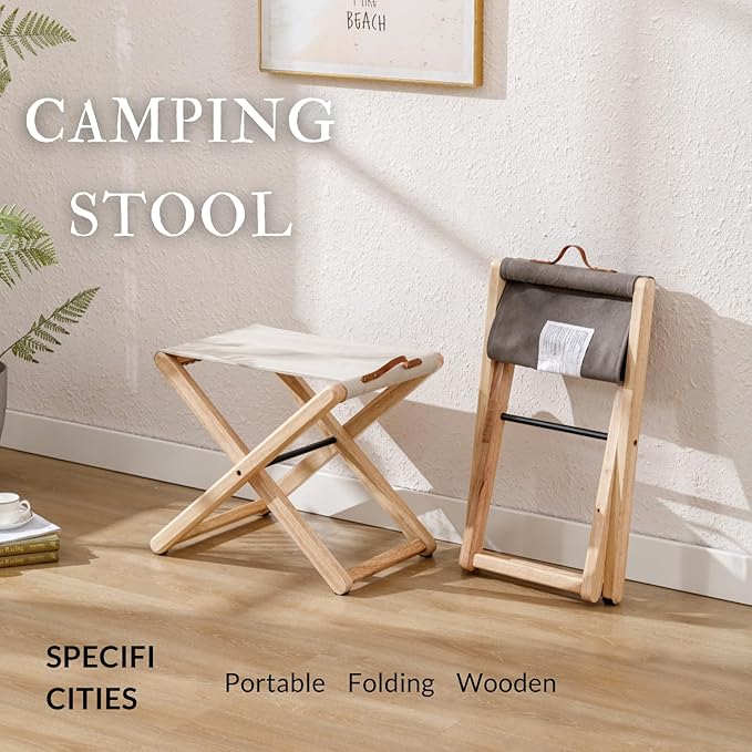 Folding Camping Stools Set of 4, Canvas Folding Stool with Wood Legs Portable Camp Stool Chairs for Outdoor Fishing Picnic Travel BBQ, Beige