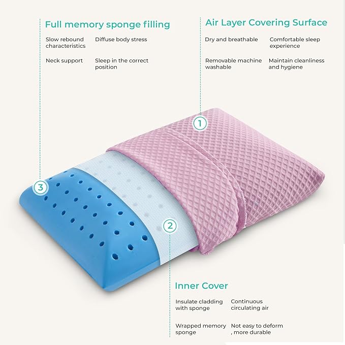 Travel Pillow Memory Foam Pillows, Camping Pillow-Compressible Medium Firm, Breathable Cover, Ideal Backpacking Hiking, Bed Pillows, Airplane and Car (Apricot Pink, S)